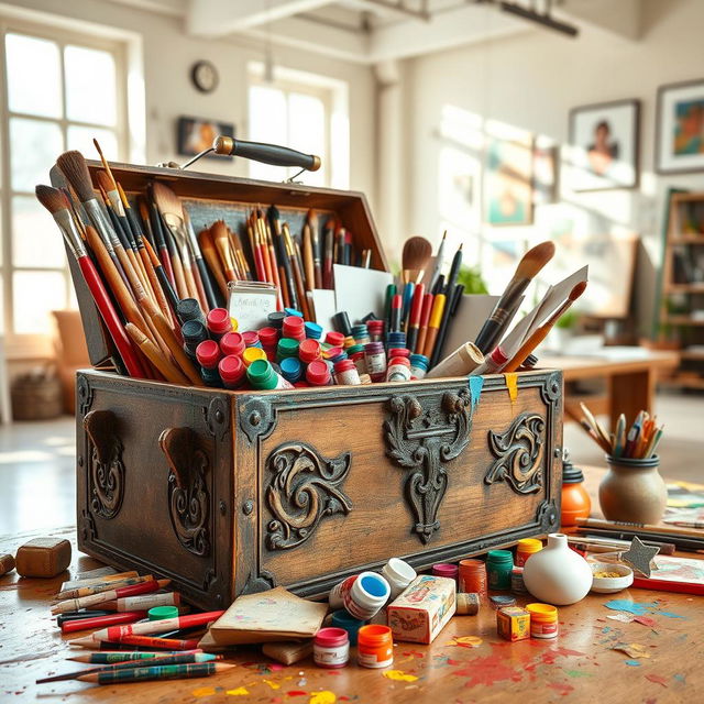 A vibrant and eclectic creative toolbox, filled to the brim with artistic supplies such as paintbrushes, colorful watercolors, sketch pads, markers, and sculpting tools