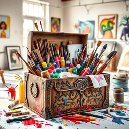 A vibrant and eclectic creative toolbox, filled to the brim with artistic supplies such as paintbrushes, colorful watercolors, sketch pads, markers, and sculpting tools