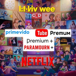 An animated promotional image featuring logos of Prime Video, YouTube Premium, Paramount+, and Netflix, artistically integrated into a vibrant and dynamic scene