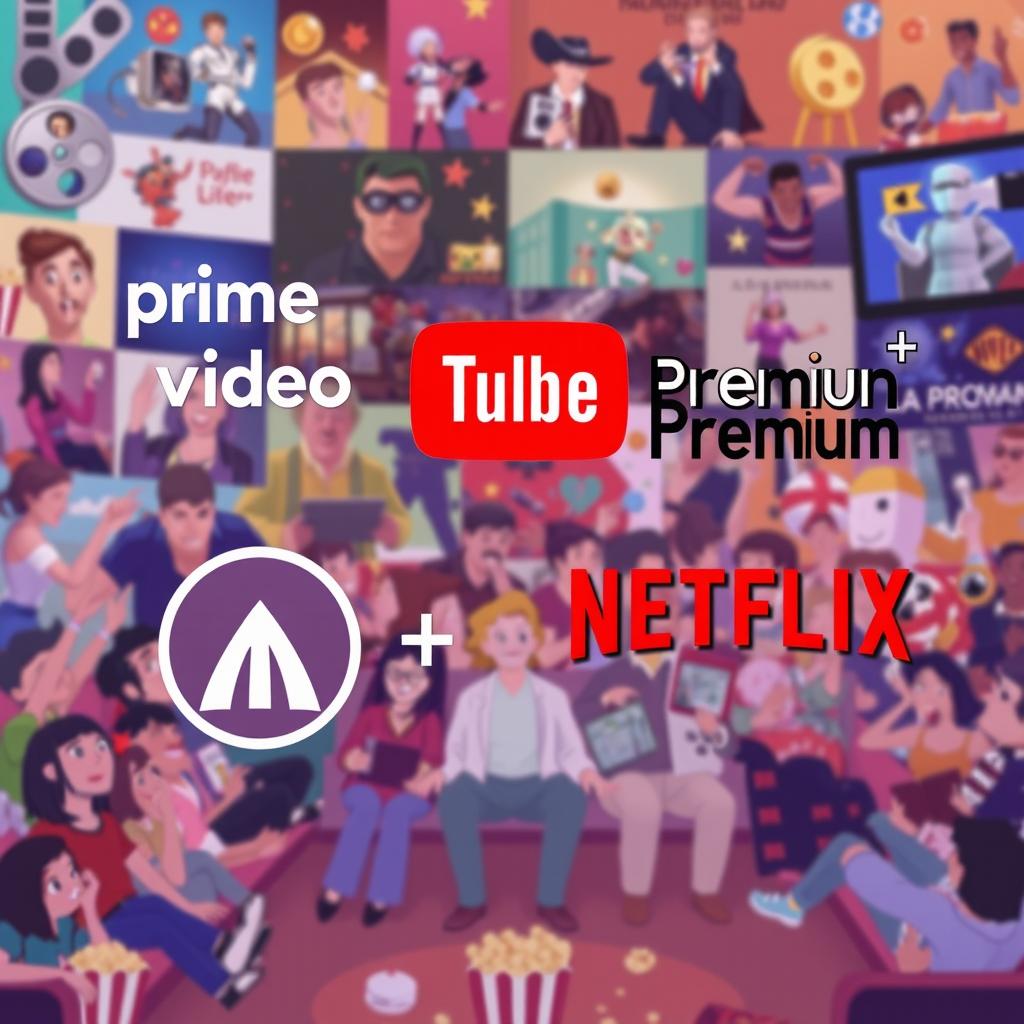 An animated promotional image featuring logos of Prime Video, YouTube Premium, Paramount+, and Netflix, artistically integrated into a vibrant and dynamic scene