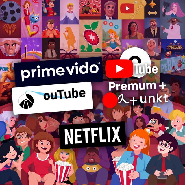 An animated promotional image featuring logos of Prime Video, YouTube Premium, Paramount+, and Netflix, artistically integrated into a vibrant and dynamic scene