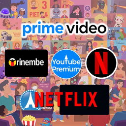 An animated promotional image featuring logos of Prime Video, YouTube Premium, Paramount+, and Netflix, artistically integrated into a vibrant and dynamic scene