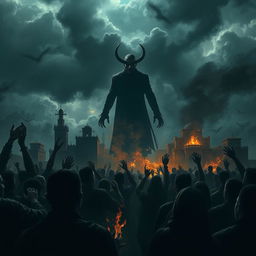 A dramatic scene depicting a multitude of people succumbing to the influence of a sinister figure, embodying the concept of Dajjal