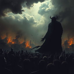 A dramatic scene depicting a multitude of people succumbing to the influence of a sinister figure, embodying the concept of Dajjal