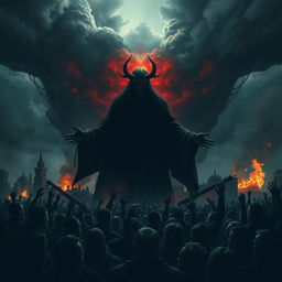 A dramatic scene depicting a multitude of people succumbing to the influence of a sinister figure, embodying the concept of Dajjal