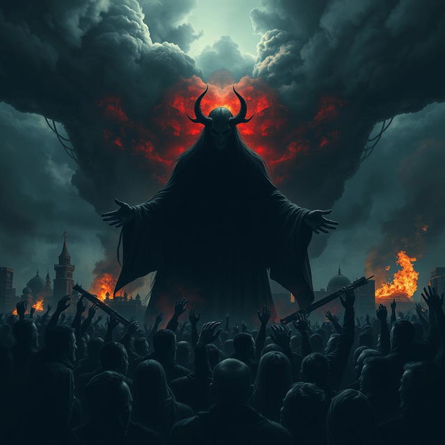 A dramatic scene depicting a multitude of people succumbing to the influence of a sinister figure, embodying the concept of Dajjal