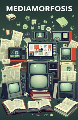 A visual representation of the theme 'MEDIAMORFOSIS', illustrating technological convergence, platform shifts, format changes, and social and cultural implications of media evolution