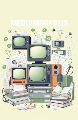 A visual representation of the theme 'MEDIAMORFOSIS', illustrating technological convergence, platform shifts, format changes, and social and cultural implications of media evolution