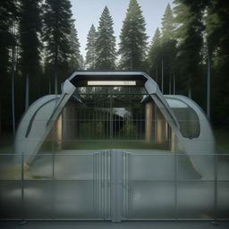 front view of exterior perimeter and gate of futuristic maximum-security penitentiary' in the middle of forest in broad daylight based on https://files.dreamhome.software/files/static/37174