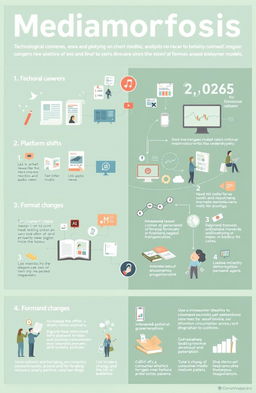 A visually dynamic infographic illustrating the concept of 'Mediamorfosis'
