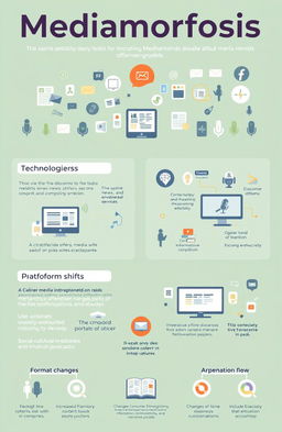 A visually dynamic infographic illustrating the concept of 'Mediamorfosis'