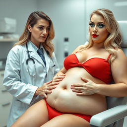 A soft, curvy, plump, and fat woman with very beautiful features, lovely blond hair, and captivating blue eyes