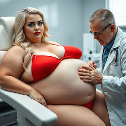 A soft, curvy, plump, and fat woman with very beautiful features, lovely blond hair, and captivating blue eyes