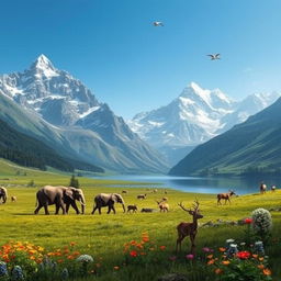 A majestic landscape featuring towering mountains with a variety of animals coexisting harmoniously in their natural habitats