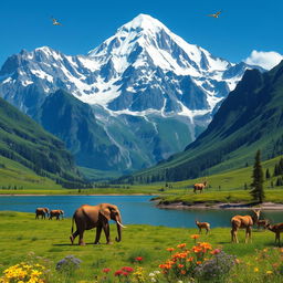 A majestic landscape featuring towering mountains with a variety of animals coexisting harmoniously in their natural habitats