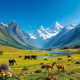 A majestic landscape featuring towering mountains with a variety of animals coexisting harmoniously in their natural habitats