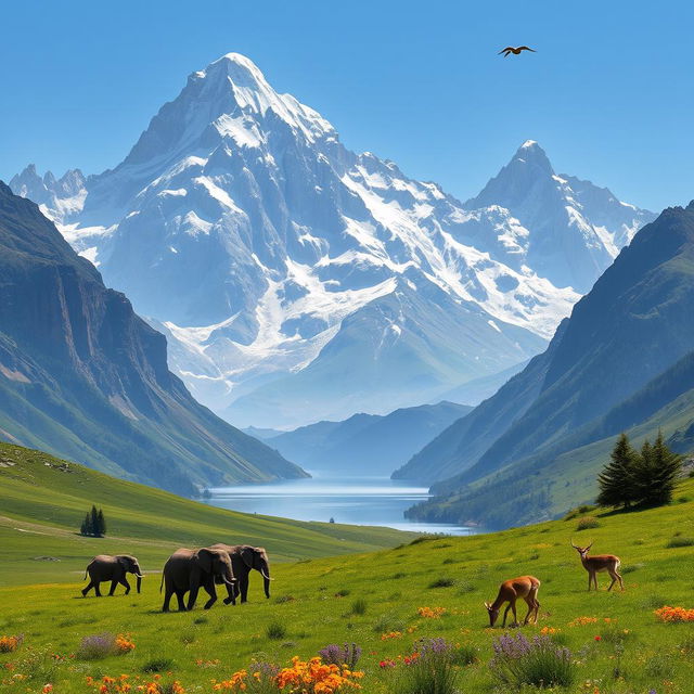 A majestic landscape featuring towering mountains with a variety of animals coexisting harmoniously in their natural habitats