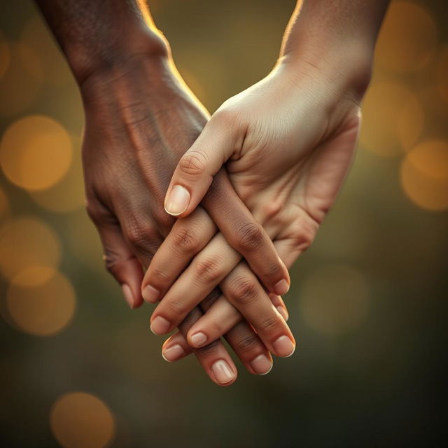 A close-up shot of two hands gently intertwined, showcasing a beautiful connection symbolizing love and unity