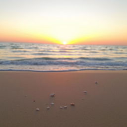 A serene landscape featuring a tranquil beach at sunset, with soft waves gently lapping at the shore