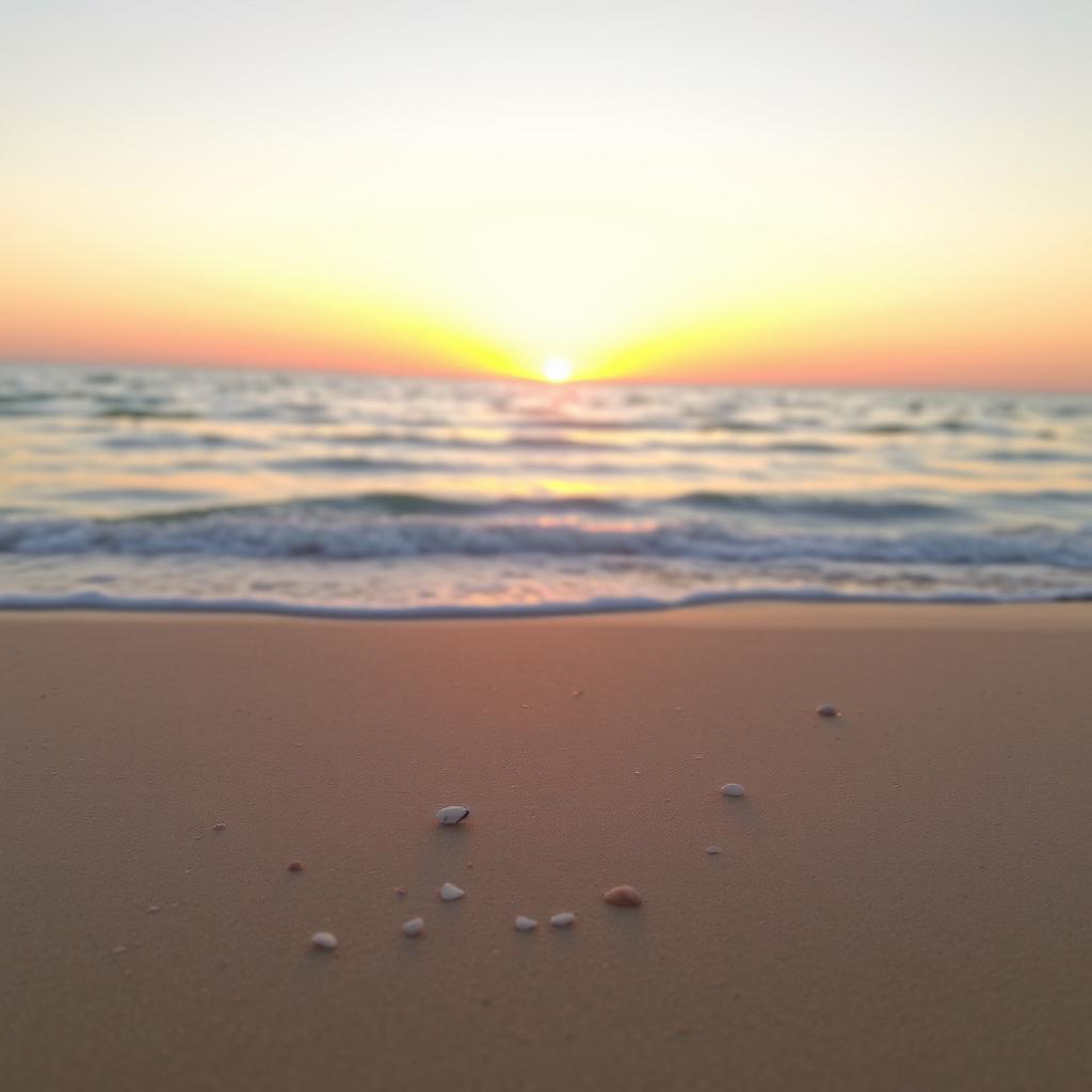 A serene landscape featuring a tranquil beach at sunset, with soft waves gently lapping at the shore