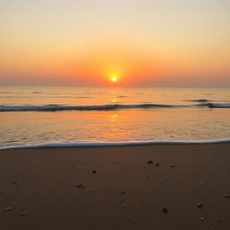 A serene landscape featuring a tranquil beach at sunset, with soft waves gently lapping at the shore