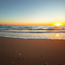 A serene landscape featuring a tranquil beach at sunset, with soft waves gently lapping at the shore