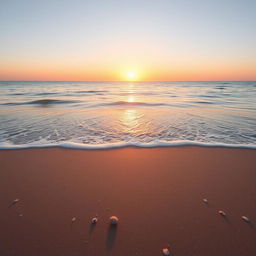 A serene landscape featuring a tranquil beach at sunset, with soft waves gently lapping at the shore