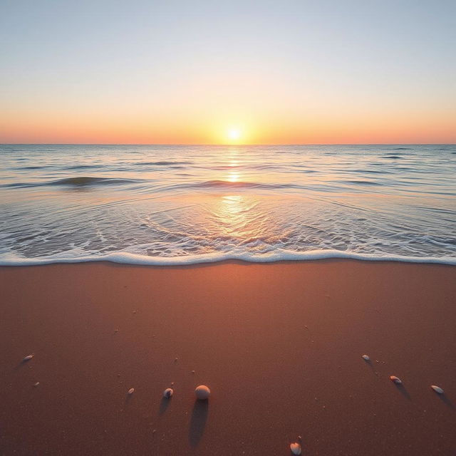 A serene landscape featuring a tranquil beach at sunset, with soft waves gently lapping at the shore