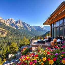A captivating mountainside scene showcasing luxury and style, featuring a stunning modern chalet with large glass windows overlooking majestic peaks