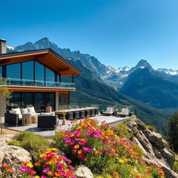 A captivating mountainside scene showcasing luxury and style, featuring a stunning modern chalet with large glass windows overlooking majestic peaks