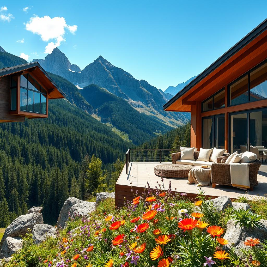 A captivating mountainside scene showcasing luxury and style, featuring a stunning modern chalet with large glass windows overlooking majestic peaks