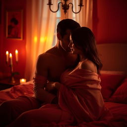 An intimate and sensual scene between two adults in a romantic, dimly lit bedroom