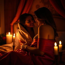 An intimate and sensual scene between two adults in a romantic, dimly lit bedroom