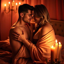 An intimate and sensual scene between two adults in a romantic, dimly lit bedroom