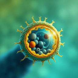 A detailed illustration of a spore cell, showcasing its unique structure with a visible outer membrane, cytoplasm, and internal organelles like mitochondria and ribosomes