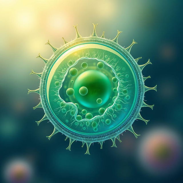 A detailed illustration of a spore cell, showcasing its unique structure with a visible outer membrane, cytoplasm, and internal organelles like mitochondria and ribosomes