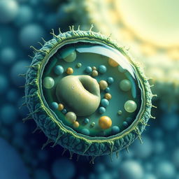 A detailed illustration of a spore cell, showcasing its unique structure with a visible outer membrane, cytoplasm, and internal organelles like mitochondria and ribosomes