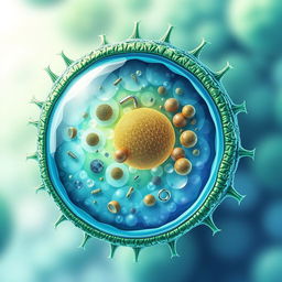 A detailed illustration of a spore cell, showcasing its unique structure with a visible outer membrane, cytoplasm, and internal organelles like mitochondria and ribosomes
