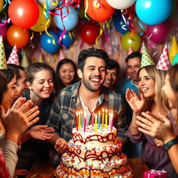 A festive birthday celebration featuring a cheerful man, surrounded by colorful decorations like balloons and streamers