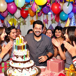 A festive birthday celebration featuring a cheerful man, surrounded by colorful decorations like balloons and streamers