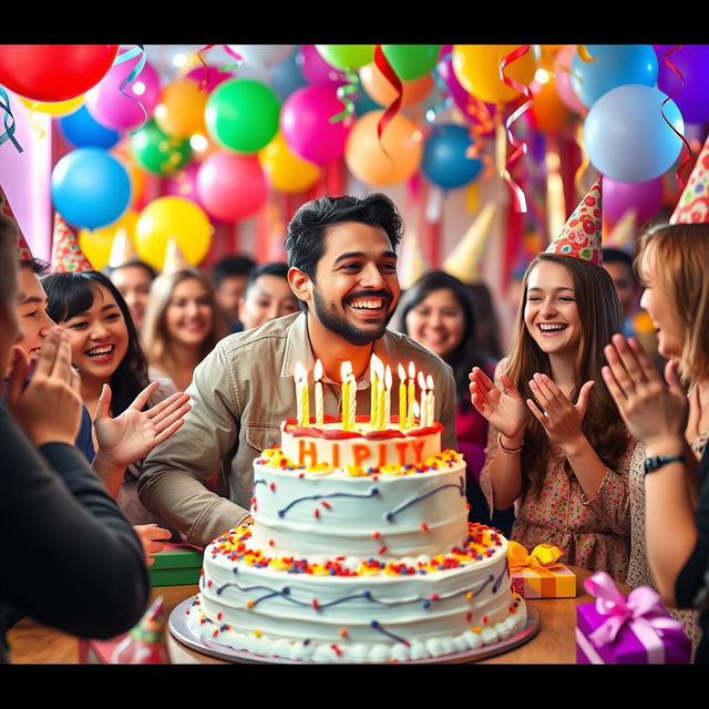 A festive birthday celebration featuring a cheerful man, surrounded by colorful decorations like balloons and streamers