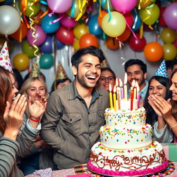 A festive birthday celebration featuring a cheerful man, surrounded by colorful decorations like balloons and streamers