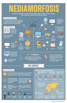 A detailed infographic illustrating the concept of 'Mediamorfosis', focusing on the themes of technological convergence, platform shifts, format changes, and their social and cultural implications