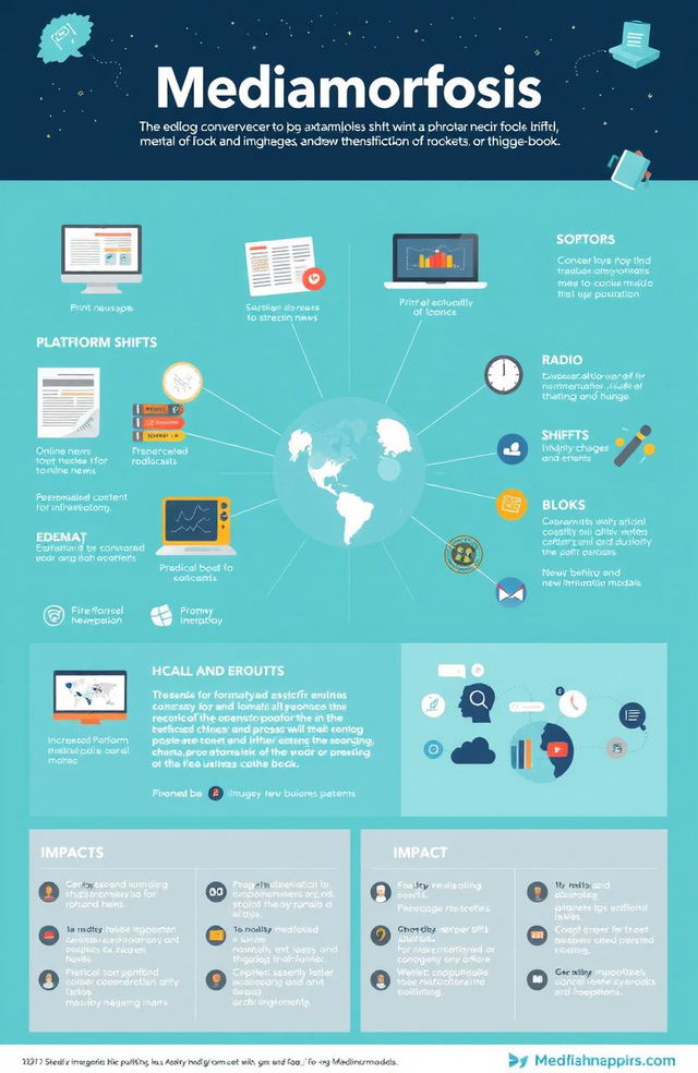 A detailed infographic illustrating the concept of 'Mediamorfosis', focusing on the themes of technological convergence, platform shifts, format changes, and their social and cultural implications