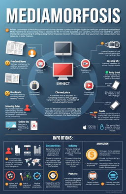 A detailed infographic illustrating the concept of 'Mediamorfosis', focusing on the themes of technological convergence, platform shifts, format changes, and their social and cultural implications