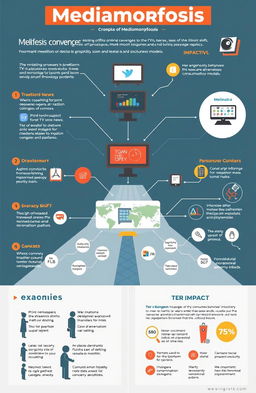 A detailed infographic illustrating the concept of 'Mediamorfosis', focusing on the themes of technological convergence, platform shifts, format changes, and their social and cultural implications