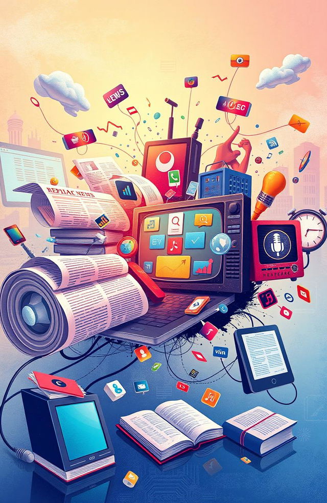 A conceptual illustration representing Mediamorfosis, showcasing technological convergence through the integration of different media forms like text, images, audio, and video