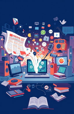 A conceptual illustration representing Mediamorfosis, showcasing technological convergence through the integration of different media forms like text, images, audio, and video