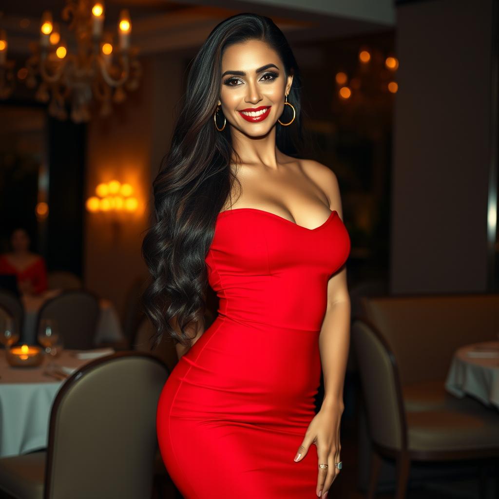 A glamorous and alluring woman with long flowing hair, dressed in a stunning, form-fitting red dress that accentuates her curves