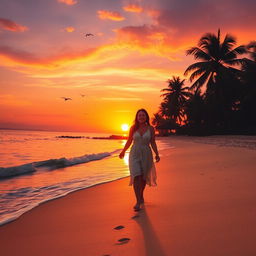 A captivating scene featuring a vibrant sunset over a serene beach, with gentle waves lapping at the shore
